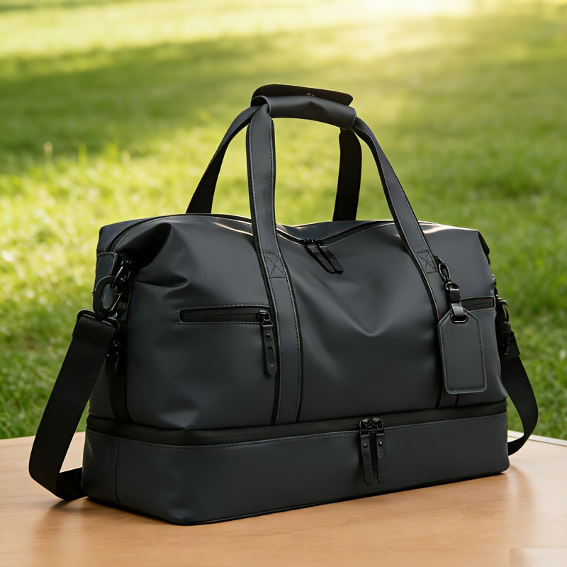 Gym Duffel Bag with Wet Pocket & Shoe Compartment - Foldable PU Leather Sports Travel Bag for Workouts, Weekend Trips & Everyday Use, Lightweight Carry-On Luggage Bag for Men Women (Black/Blue/Grey)
