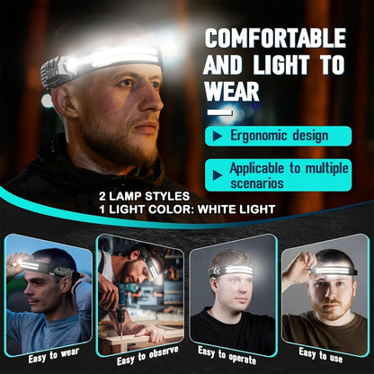 COB LED Headlamp 2 Pack 230° Wide Beam Motion Sensor Rechargeable Head Torch for Hiking Running Fishing Camping Hard Hat