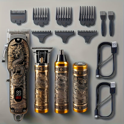 4-in-1 Men's Grooming Kit - Dragon Engraved Hair Clipper, T-Blade Trimmer, Nose Groomer & Shaver, 6000 RPM Motor, USB Rechargeable, LED Battery Display, Perfect Gift for Men