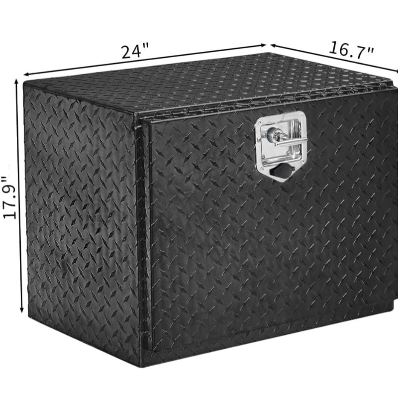 Aluminum truck toolbox with T-shaped handle lock and key, made of aluminum alloy, suitable for storage and organization of trailers, pickups, truck beds, four-wheel drive vehicles, all-terrain vehicles and campers. Black version.