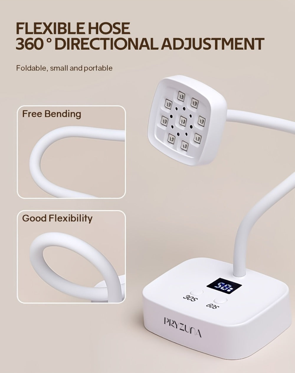 Gooseneck LED Nail Lamp 360° Flexible Portable USB Rechargeable Gel Nail Dryer Auto Sensor LCD Display 2 Timer Settings 9-Bead Dual Light Quick Dry for Home Salon Gel Polish Nail Art White