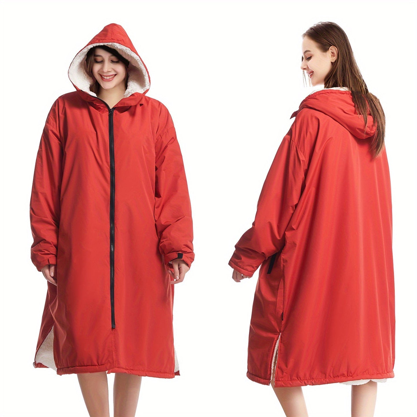 Changing Robe Fleece Lined Hooded – Long Sleeve Windproof Warm Surf Poncho for Swimming, Surfing, Diving, Camping & Hiking – 43.3x31.5in, 4 Colors: Navy, Black, Red, Blue