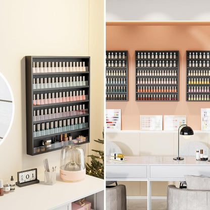 Nail Polish Rack Wall Mount Organizer 6-Tier & 10-Tier with Acrylic Baffle – Salon Display Shelf for Nail Polish Storage, Home Nail Studio & Spa, Black White Pink