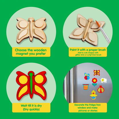DIY Wooden Magnet Painting Kit for Kids – 12pcs Arts and Crafts Set with Paint Palette Brush Glitter Glue, Creative Activity Birthday Party Favor Gift Boys Girls Ages 3+