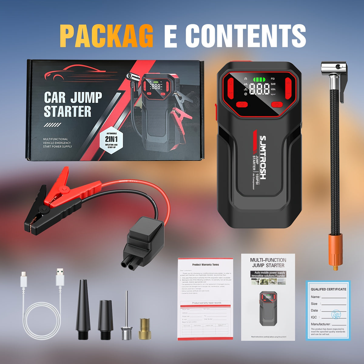 Kickstart Your Vehicle Using an Air Compressor with a Maximum Pressure of 150 PSI And a 12V Power Supply, Ideal for 8.5 Liters of Gasoline Or 1.72 Gallons of Diesel. It Features USB Input/Output And an LED Emergency Light