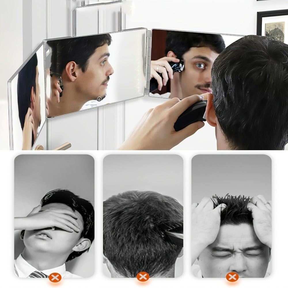 Three-Way Folding Mirror for Haircutting 360° View Anti-Fog HD Glass Height-Adjustable Telescopic Hook - Foldable Three-Sided Mirror for Self Hair Cutting Shaving Makeup Hairstyling at Home