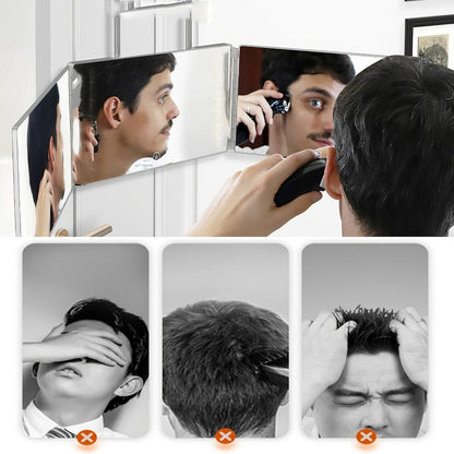 Three-Way Folding Mirror for Haircutting 360° View Anti-Fog HD Glass Height-Adjustable Telescopic Hook - Foldable Three-Sided Mirror for Self Hair Cutting Shaving Makeup Hairstyling at Home