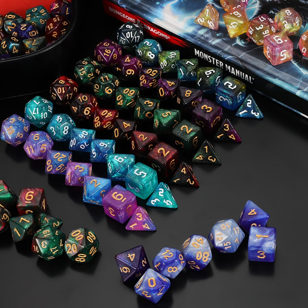 DnD Polyhedral Dice Set 84pcs – Starry Night Glitter Dice with Pouch & Tray for D&D RPG MTG Tabletop Games, Complete 12-Color Collection, Gift for Gamers