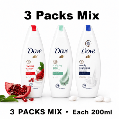 Dove Body Wash 3 Pack 200ml – Moisturizing Gentle Cleanser Mix Pack, Soap-Free Dermatologist Recommended Daily Shower Gel for Soft Nourished Skin, Travel Size 6.7 fl oz