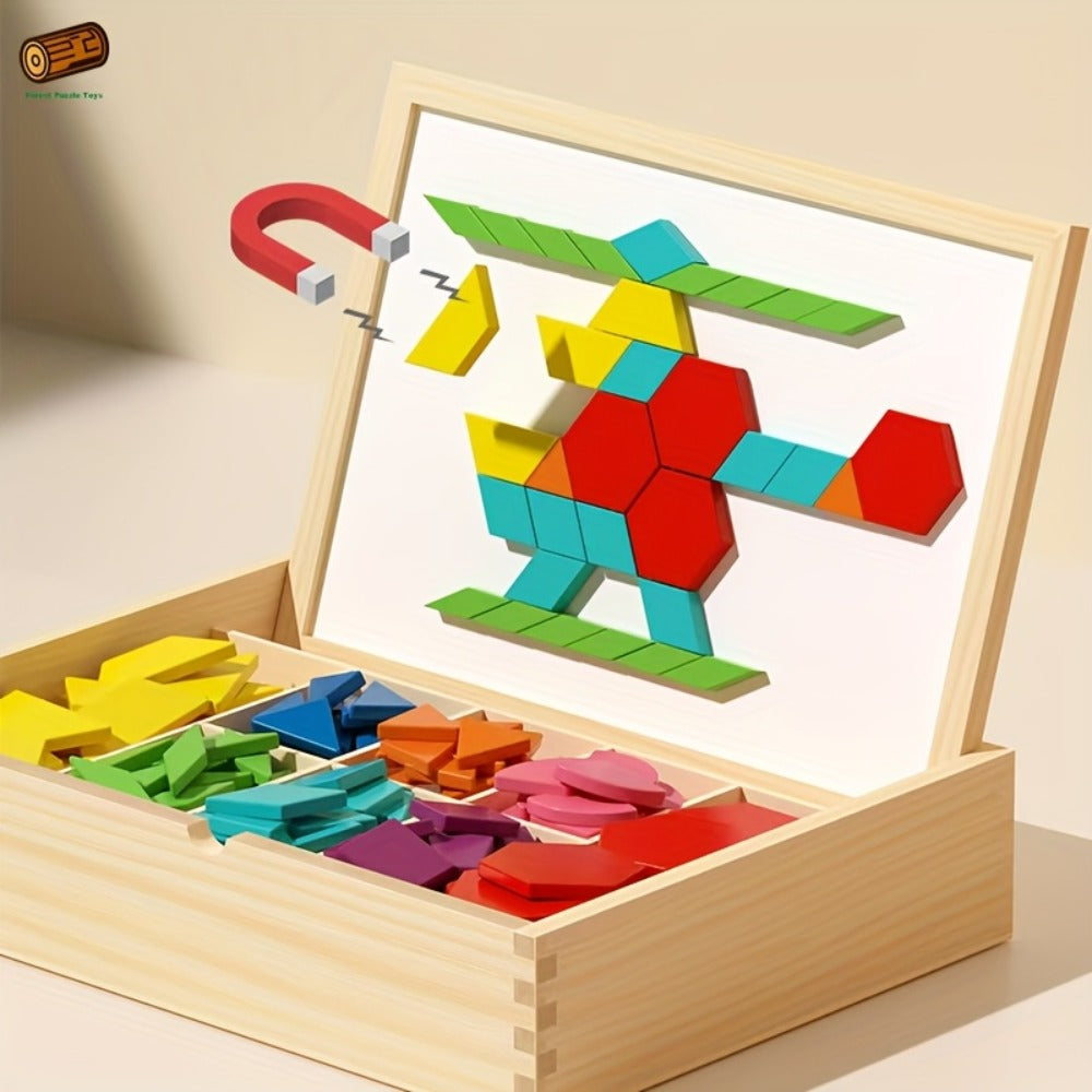 Magnetic Wooden Puzzle Blocks 128 180 220 Piece Set – Geometric Figures Cognitive Learning STEM Toy for Kids, Creative Jigsaw Building Gift for Toddlers & Children