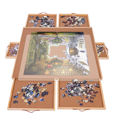 Jigsaw Puzzle Table 35"x27" with 360° Rotating Turntable & Easy-Pull Handle Drawers – Large Puzzle Board Organizer with Dust Cover for 1500 Pieces, Ergonomic Gift for Adults & Seniors