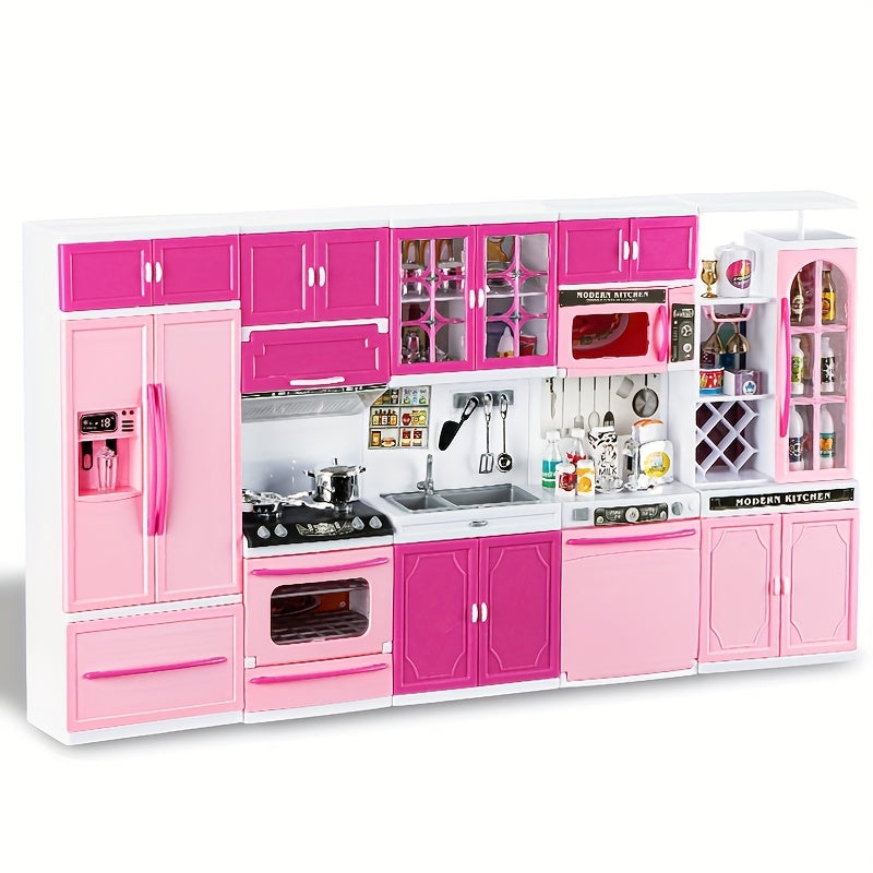 Pink Kitchen Toy Set 64pcs with Lights & Sounds – Mini Furniture Doll Playset for Girls | Pretend Play Kitchen Accessories, Birthday & Christmas Gift for Toddlers & Kids Ages 3 4 5 6