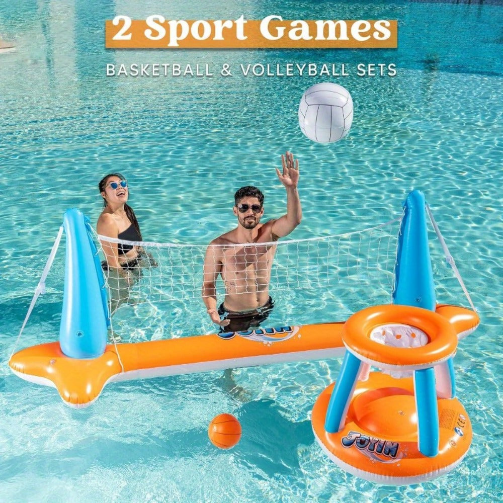 Inflatable Pool Game Set for Kids & Adults – Volleyball Net Court & Basketball Hoops with Balls, Floating Swimming Party Toy for Summer Pool Backyard Outdoor Fun, Large