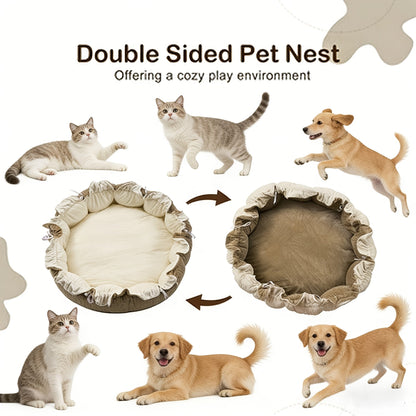 5-in-1 Pet Play Mat & Bed with 6 Toys - Thick Plush Convertible Ball Pit Tummy Time Mat Floor Cushion for Cats Dogs, Foldable Pet Activity Gym Pad, Multiple Colors Available