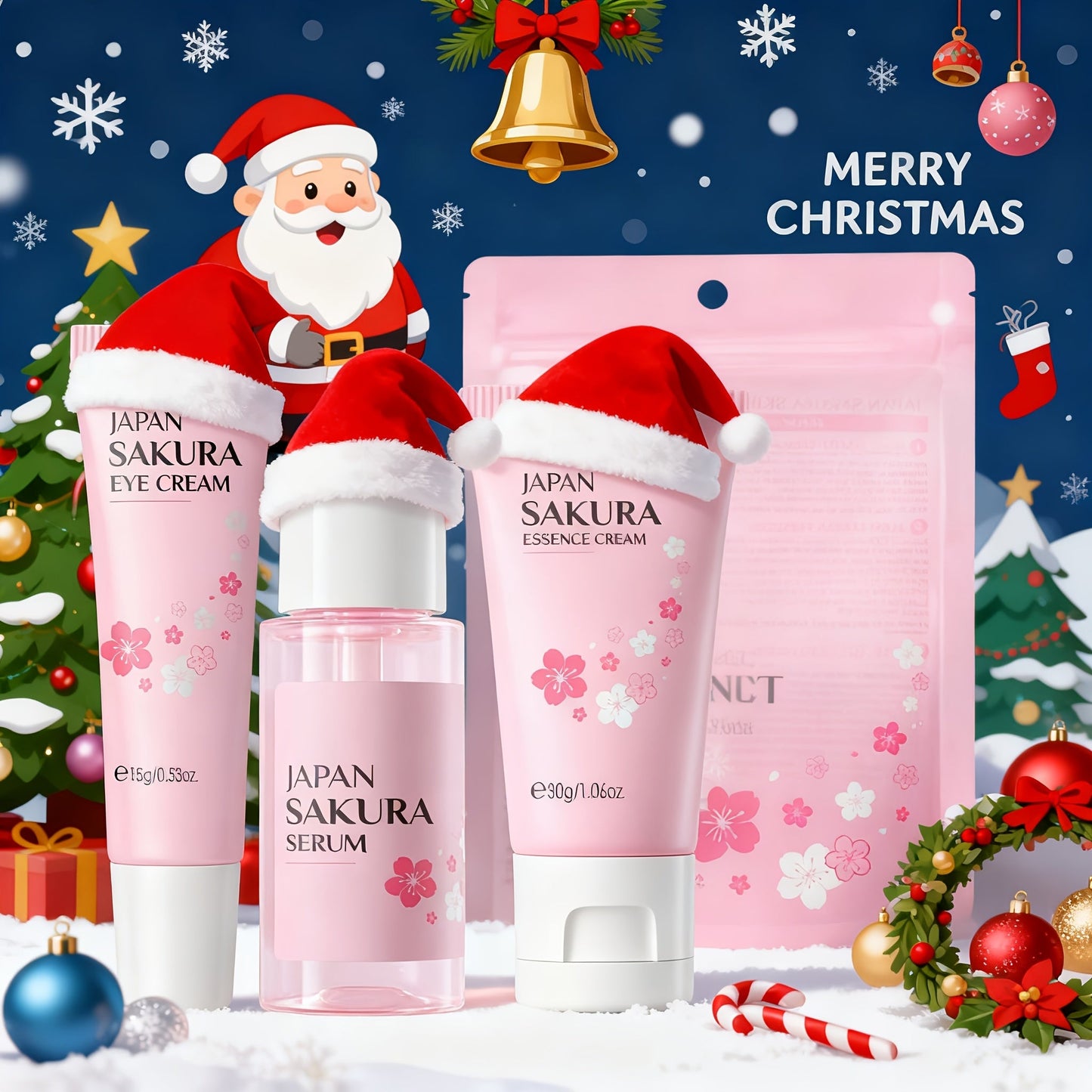 Cherry Blossom Sakura Skincare Gift Set Complete 9-Step Routine — Essence Cream Cleanser Toner Eye Cream Mud Mask Exfoliating Mask Eye Mask Lip Balm for Women Birthday Gift