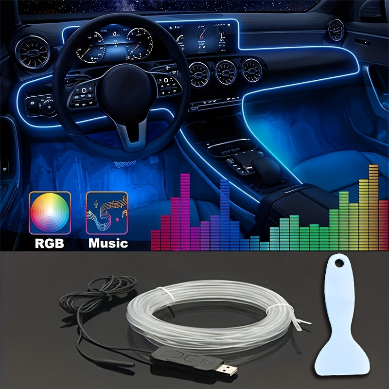 118" RGB LED Car Interior Lighting Kit - USB Powered, App-Controlled with Music Sync & Fiber Optics for Dashboard And Doors, Without Battery