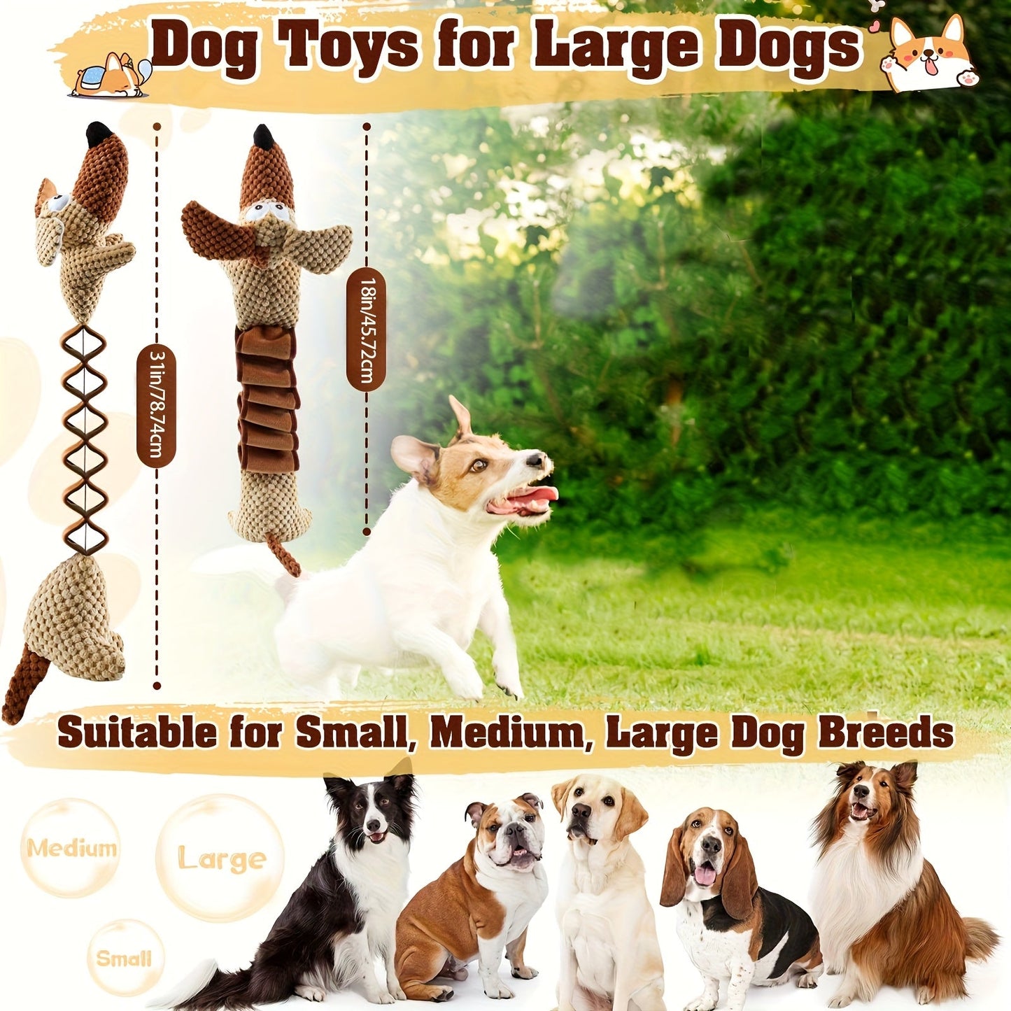 Squeaky Plush Dog Toy 15.7 Inch Stretchable to 19.7 Inch Crinkle Paper Filled Tug Chew Fetch Toy for Large Medium Small Dogs No Battery Required