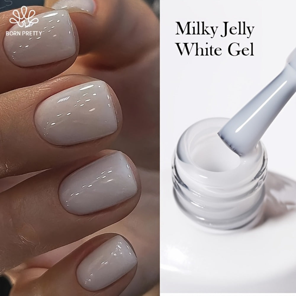 Jelly Gel Nail Polish Translucent 10ml – Glass Nail Look, 30-Day Soak-Off Semi-Permanent UV LED, Milky White Snow Glitter Pink Nude Shades, Buildable Salon Quality for Women