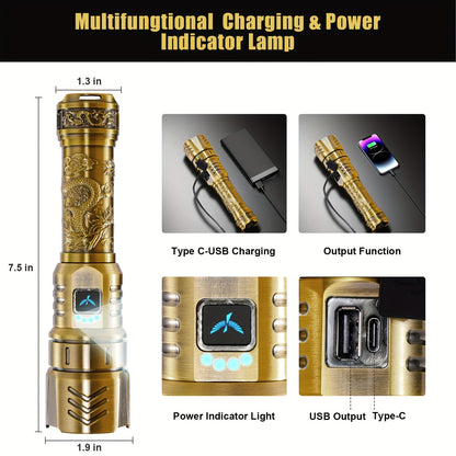 Rechargeable Flashlight 4000mAh - 1000 Lumen Dragon Pattern LED Torch, Zoomable Beam, Fire Starter Lens, 4 Modes, Aluminum Alloy for Camping, Outdoor & Emergency Use