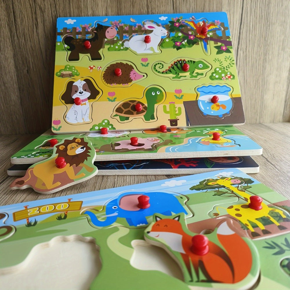Wooden Peg Puzzles for Toddlers Set of 4 – 32 Piece Knob Puzzle Bundle Farm Zoo Christmas Halloween Themes, Montessori Educational Gift for Kids Age 1 2 3 Boys Girls