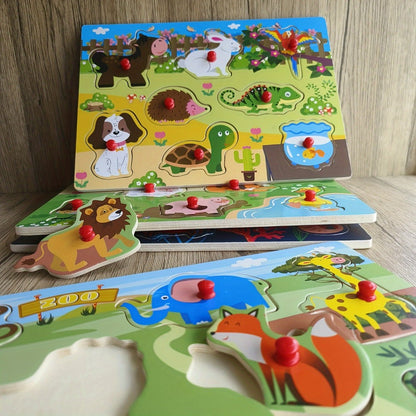 Wooden Peg Puzzles for Toddlers Set of 4 – 32 Piece Knob Puzzle Bundle Farm Zoo Christmas Halloween Themes, Montessori Educational Gift for Kids Age 1 2 3 Boys Girls