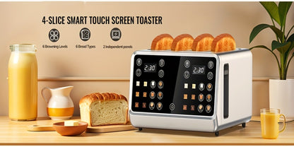 4-Slice Digital Smart Toaster with Touchscreen | Dual Control Panel, Single Slot Toasting, Timer, Reheat & Defrost Functions for Bagels, Bread & Waffles – Stainless Steel Kitchen Essential