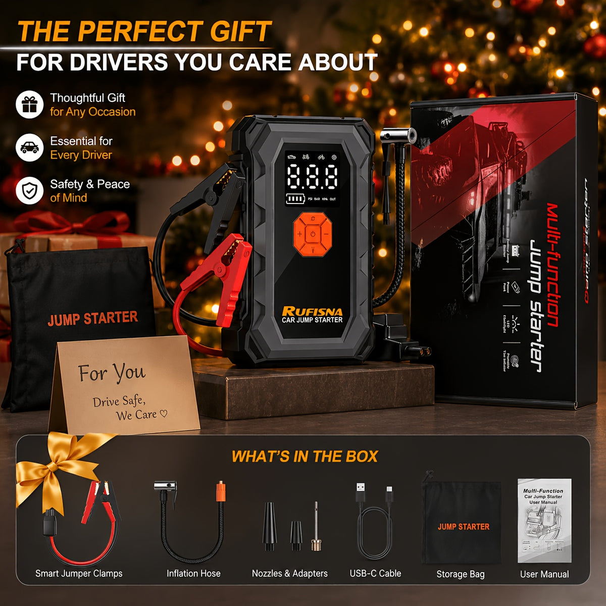 15000A-18000A Peak Jump Starter with Air Compressor, 12V Car Battery Charger, 150 PSI Fast Tire Inflator, All-in-One Emergency Power Bank, LED Flashlight, USB Output, Heavy Duty Jump Starter for Gas & Diesel Cars, SUV, Truck, Roadside Rescue Kit.