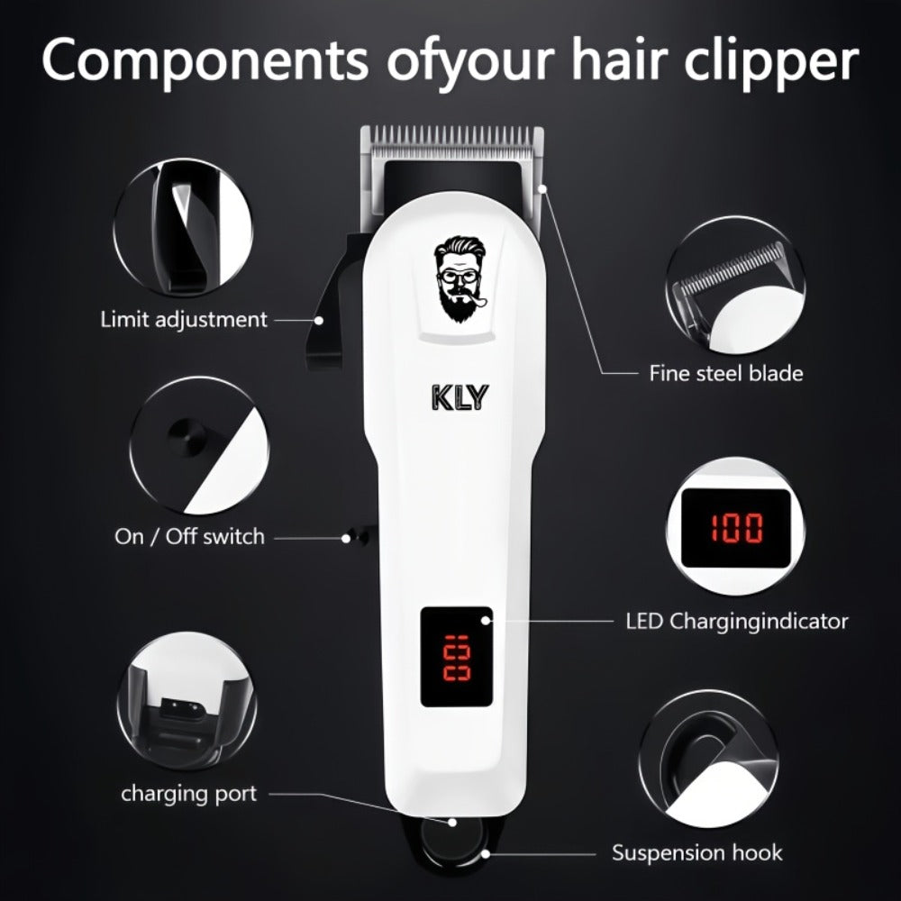 USB Rechargeable Hair Clipper for Men with LCD Display — Professional Large-Capacity Battery Clipper, Reinforced White Design, Home Salon & Travel Essential, Gift for Dad & Son