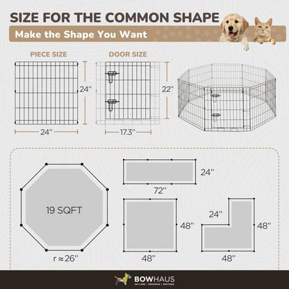 Dog Playpen 8 Panel Foldable Metal Pet Fence with Gate | Heavy-Duty Indoor Outdoor Exercise Pen for Small Dogs & Animals | Portable Kennel Cage | 24 Inch | Multiple Configurations Rectangle Octagon