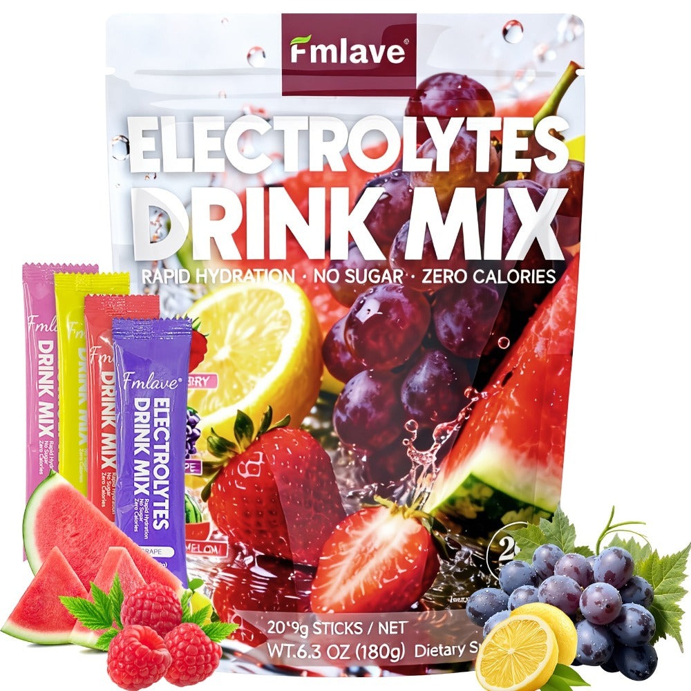 Electrolyte Drink Mix Powder - Zero Sugar, Zero Calorie Rapid Hydration with Vitamins C, B6 & B12 - 20 Single-Serving Sticks for Workouts, Travel & Daily Use