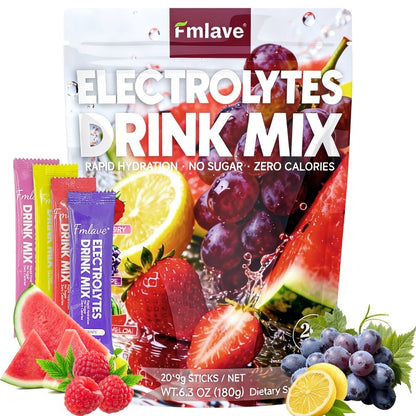 Electrolyte Drink Mix Powder - Zero Sugar, Zero Calorie Rapid Hydration with Vitamins C, B6 & B12 - 20 Single-Serving Sticks for Workouts, Travel & Daily Use