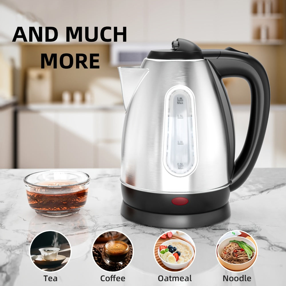 Electric Kettle 1200W Fast Boiling 1.8L Stainless Steel BPA-Free Auto Shut-Off Boil-Dry Protection 360 Swivel Base for Coffee Tea Kitchen Camping Office Home