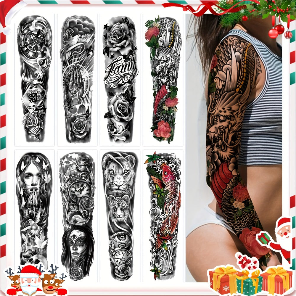 Full Arm Temporary Tattoo Stickers 8 Large Sheets Waterproof Long Lasting Black Realistic Koi Dragon Lion Floral Geometric Designs for Men Women Street Punk Festival Body Art