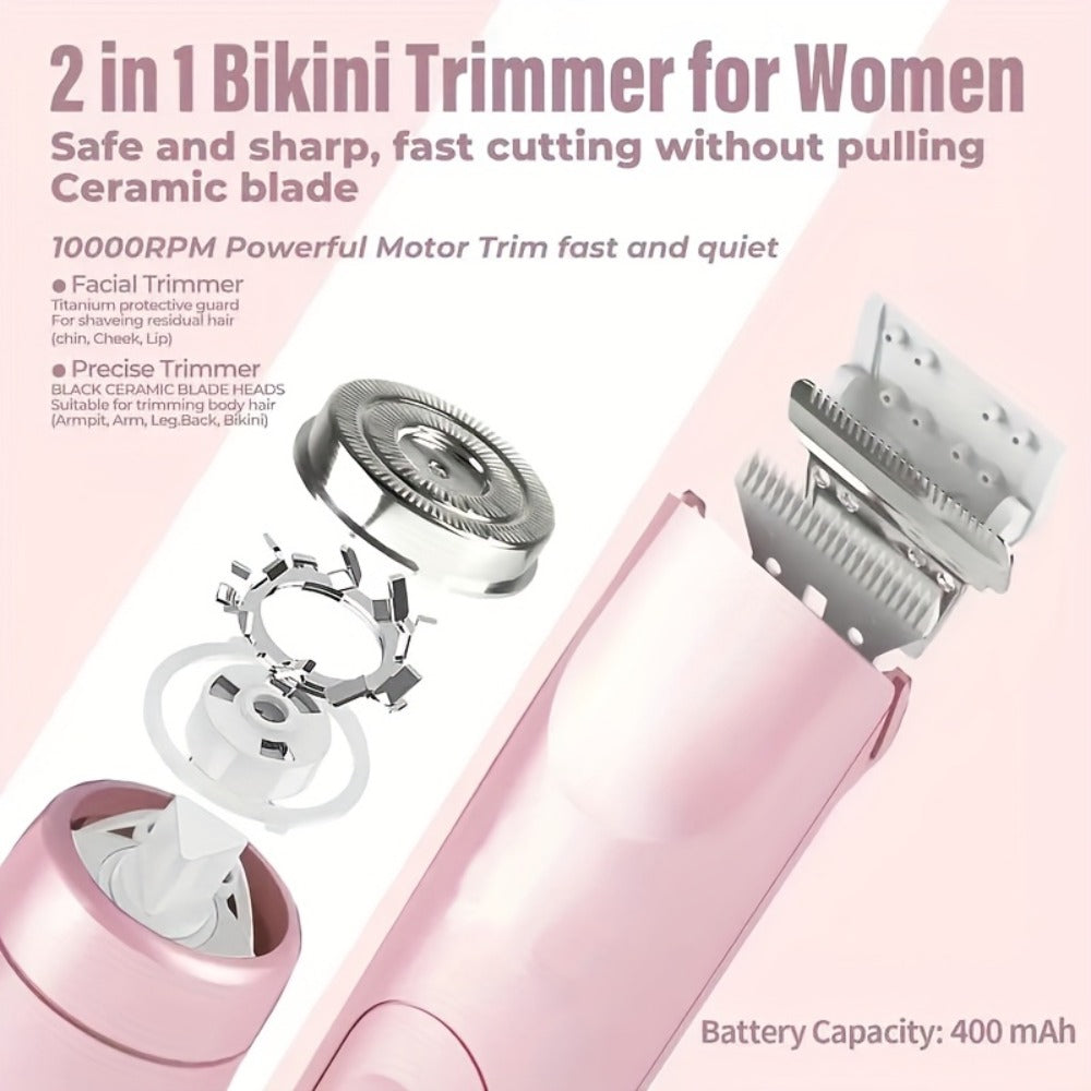 Bikini Trimmer Electric 2-in-1 Rechargeable Dual-Head Face Shaver for Women - Stainless Steel Blade USB Cordless Hair Remover for Bikini Line Face Arms Thighs Body Portable Gift