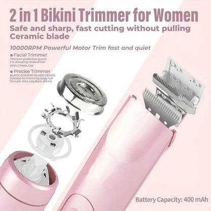 Bikini Trimmer Electric 2-in-1 Rechargeable Dual-Head Face Shaver for Women - Stainless Steel Blade USB Cordless Hair Remover for Bikini Line Face Arms Thighs Body Portable Gift