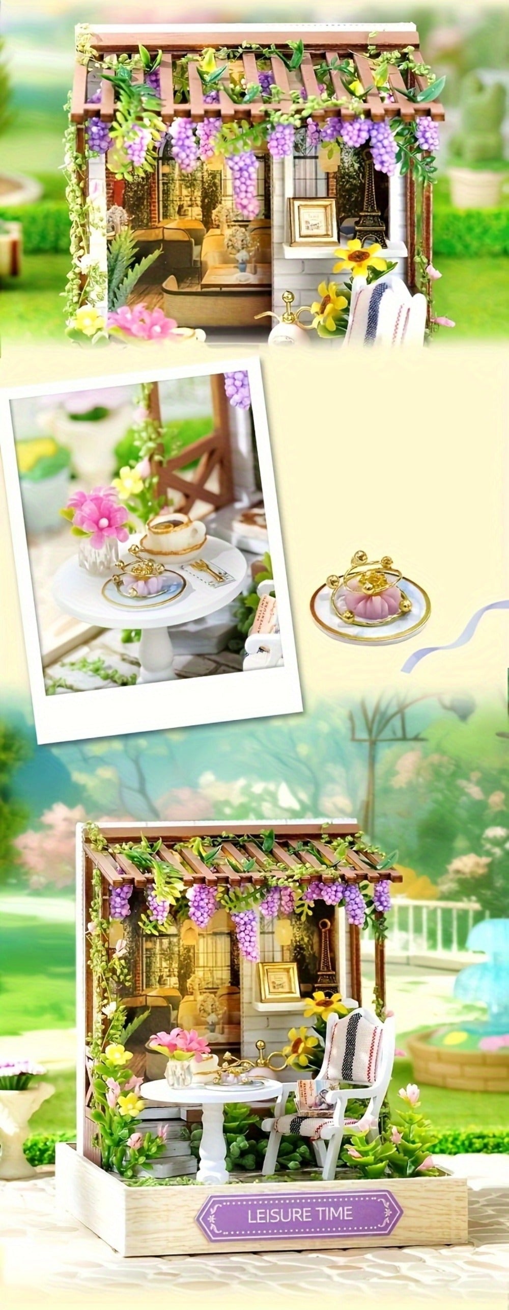 DIY Wooden Tiny House Kit with Dust Cover – Handmade Miniature Dollhouse Puzzle, 3 Themes Afternoon Tea Rotating Food House Moon Magic, Creative Home Decor Gift for Adults & Teens Birthday Christmas