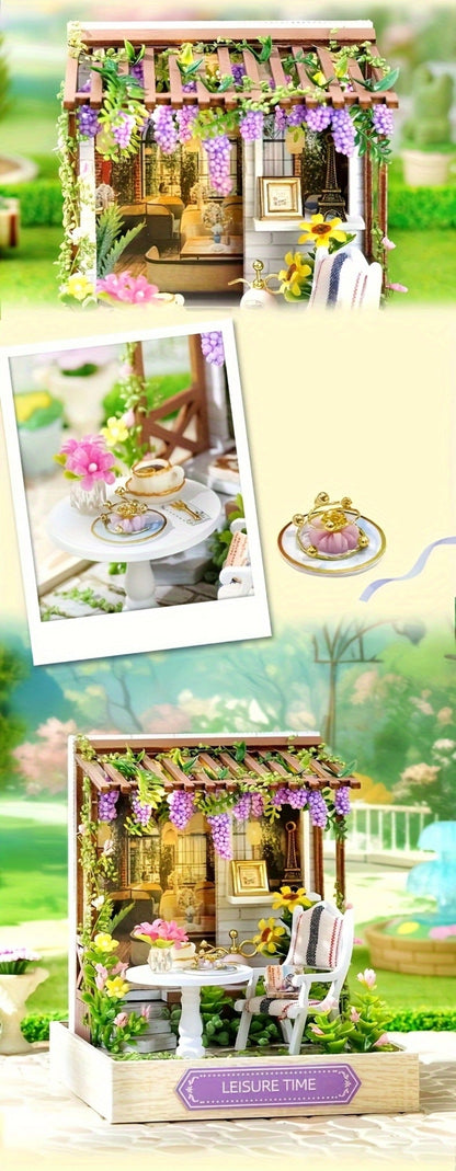 DIY Wooden Tiny House Kit with Dust Cover – Handmade Miniature Dollhouse Puzzle, 3 Themes Afternoon Tea Rotating Food House Moon Magic, Creative Home Decor Gift for Adults & Teens Birthday Christmas