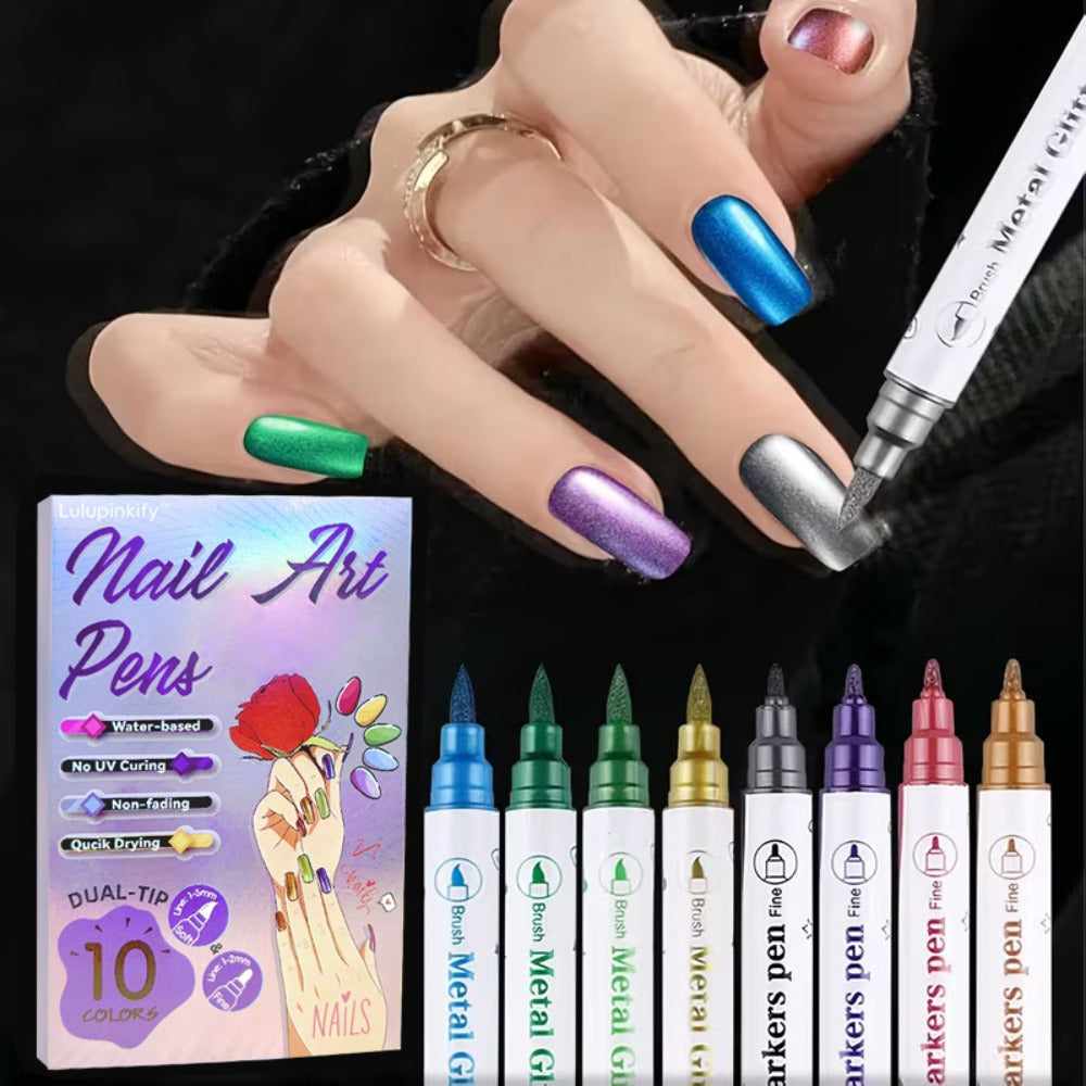 Nail Art Pens Set 10 Metallic Colors with 12pcs Nail Stickers - Dual-Headed 3D Acrylic Polish Markers for Doodle Dot Line Stitching Graffiti Designs, Home Salon Gift for Women Girls
