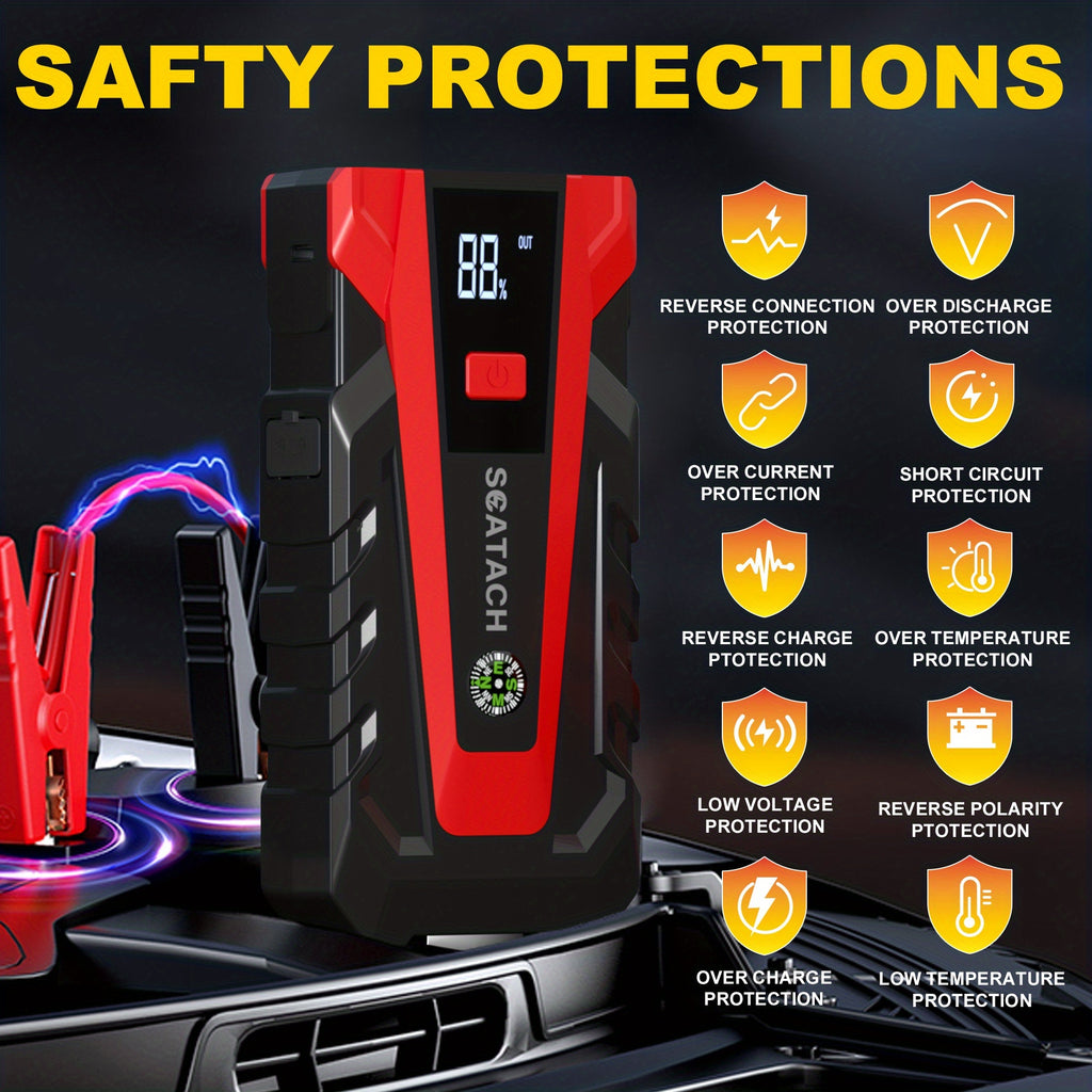 The Car Emergency Starter Power Supply Comes with A Digital Tire Pressure Gauge And Air Pump, A Window Breaker Hammer, And Is Suitable for 12V Cars, Trucks, SUV, Rvs, And Motorcycles. It Features A Multi-Functional Portable LED Display, SOS