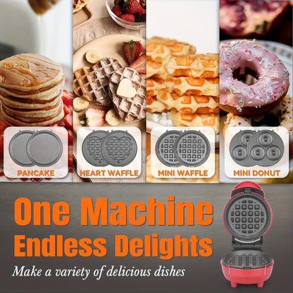 Mini Waffle Maker 4-in-1 with Removable Plates – Waffle, Pancake, Donut & Heart Shape, Non-Stick, Easy Clean, Recipe Included, Compact Breakfast Maker for Home