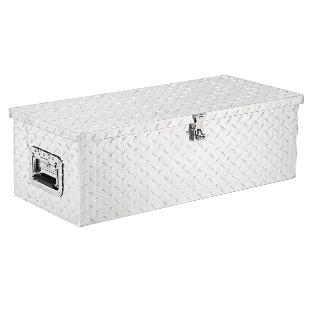 Aluminum truck toolbox with T-shaped handle lock and key, made of aluminum alloy, suitable for storage and organization of trailers, pickups, truck beds, four-wheel drive vehicles, all-terrain vehicles and campers. Black version.