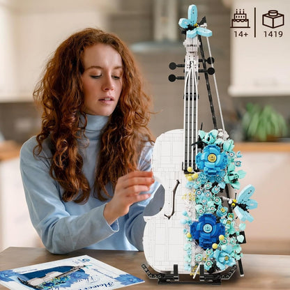 Flower Violin Building Block Set 1419pcs – 3D Musical Instrument Brick Model for Adults & Teens, Elegant Home Office Decor Display, Unique Birthday Father's Day Christmas Gift for Music Lovers