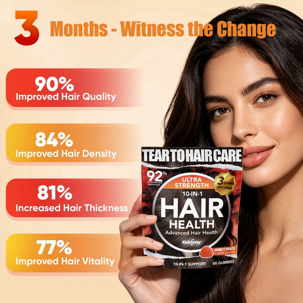 Biotin Gummies for Hair Growth & Thickness — 10-in-1 Formula with Vitamin C, Collagen, Zinc | Supports Hair, Skin & Nails | Peach Flavor | 60 Count for Women & Men