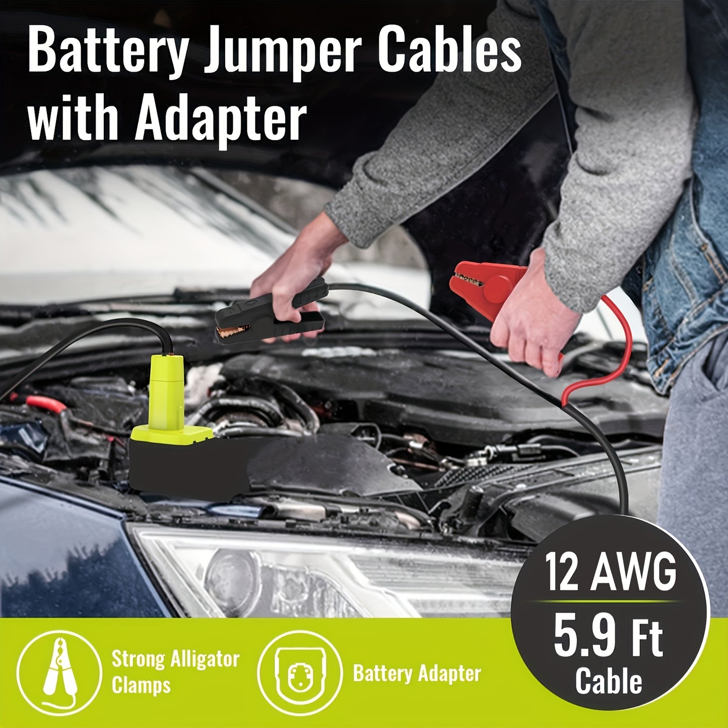 [Ryobi Jumper Cable] Ryobi 18V Battery Compatible Jumper Cable Clamps | 5.9ft 12AWG Portable Battery Jumper Starter Automotive Booster Cables for Jump Starting Using Tool (no Battery)