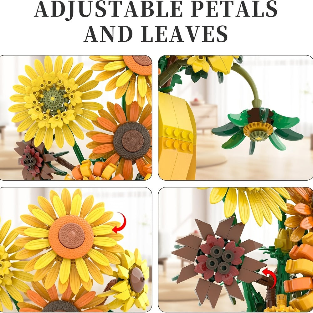 Sunflower Bouquet Building Blocks Set 1009 Pieces – Realistic Floral LEGO-Compatible Brick Kit for Adults & Teens, Home Decor Display, Mother's Day Valentine's Day Birthday Gift for Women