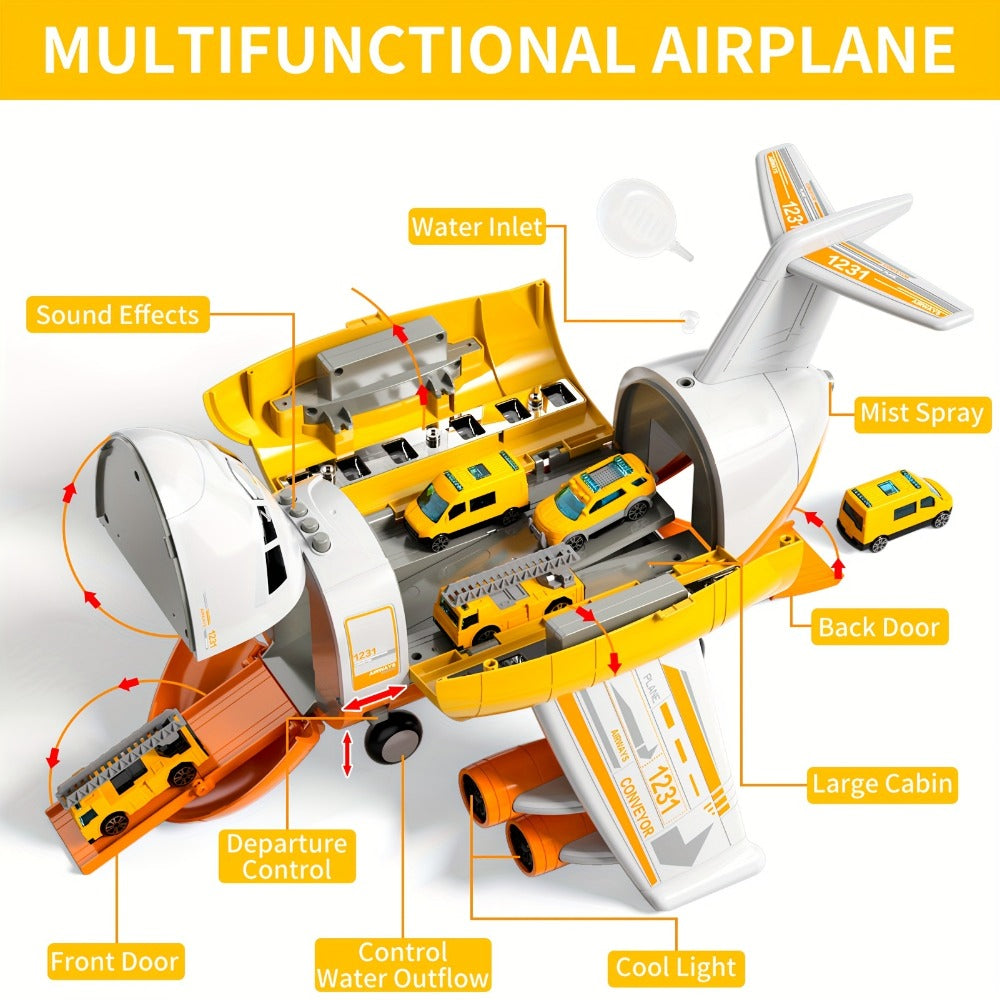 Jumbo Transport Airplane Toy for Kids with 10 Cars & Spray Mist, Cargo Plane Playset Toddler Boy Girl Birthday Gift Ages 3+