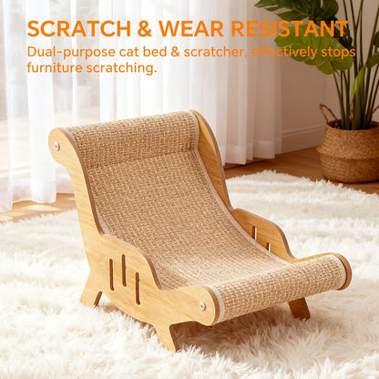 Cat Lounger Chair Elevated Sisal Rope Scratching Bed Wooden Frame Cat Hammock Beach Chair Indoor Nap Lounge Furniture for Cats Kittens Brown