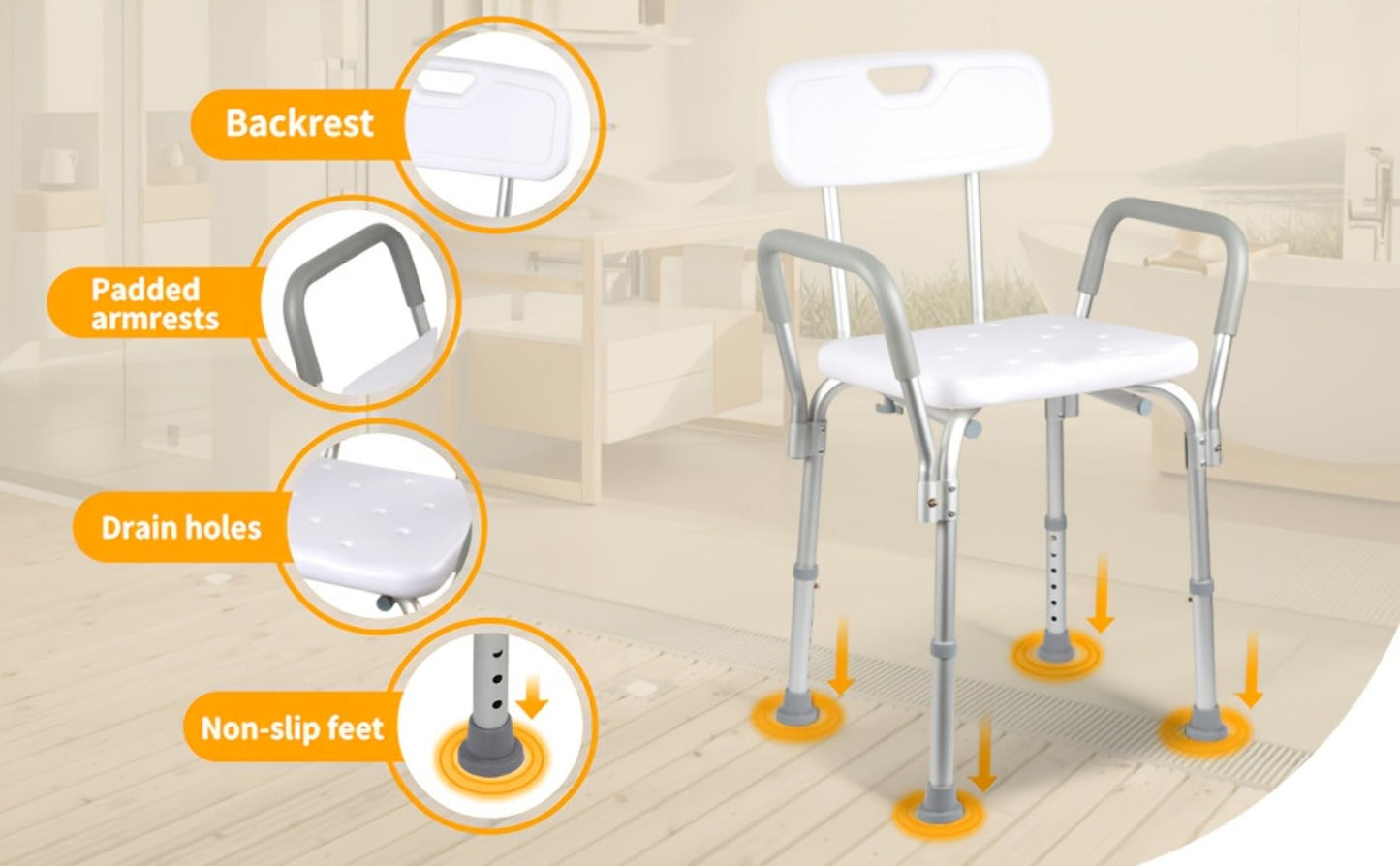 Shower Chair with Armrests & Backrest – Height Adjustable Aluminum Bath Seat, 350 LBS Capacity, Non-Slip Rubber Feet, Cushioned Support for Elderly, Disabled & Post-Surgery, Fits Most Showers & Tubs