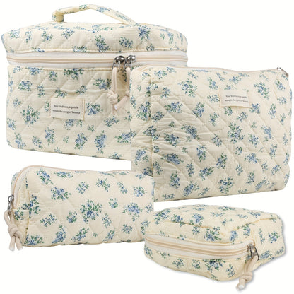 Quilted Makeup Bag Set 4-Piece Floral Rose Coquette Aesthetic Premium Cotton Cosmetic Organizer Travel Toiletry Pouch 4 Sizes for Women Girls Vanity Bathroom Gift
