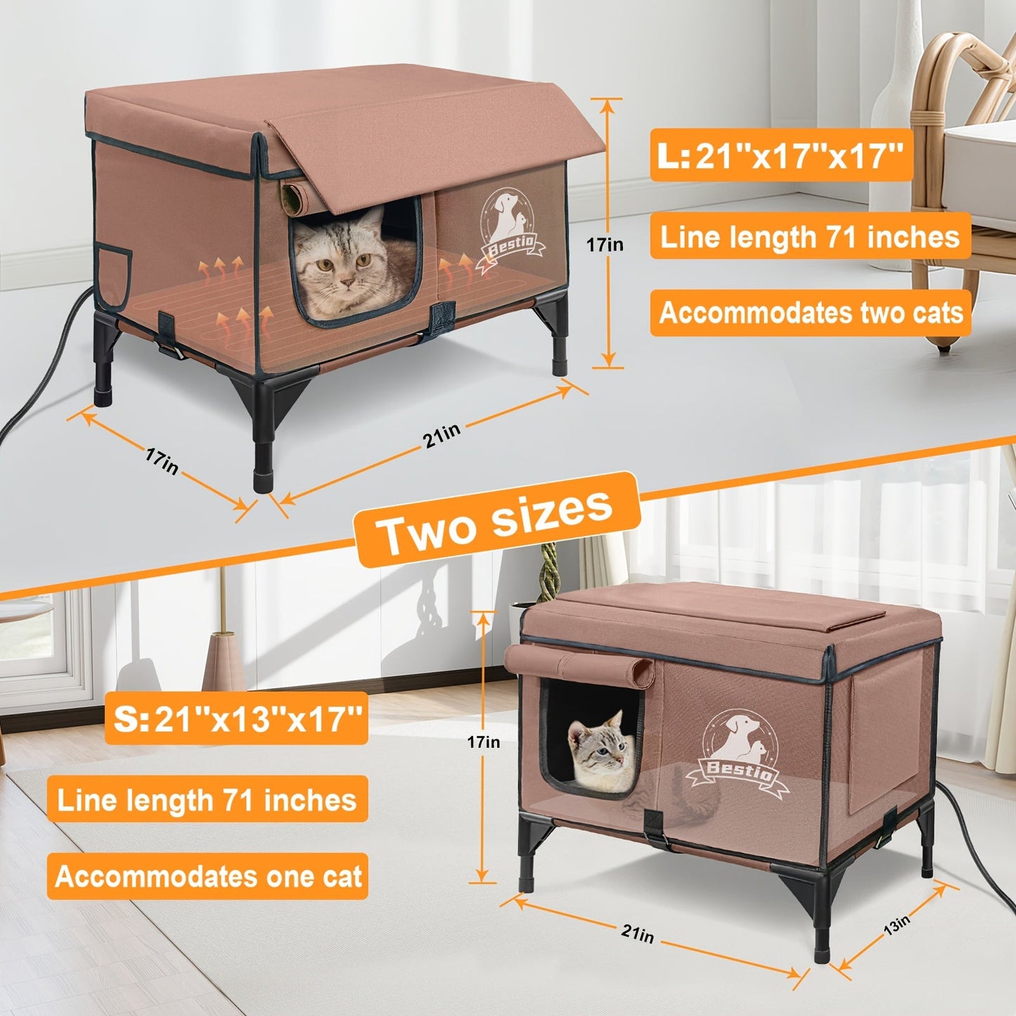 Heated Cat House 3-in-1 with Removable Warming Pad, Elevated Cat Bed for Indoor & Outdoor Cats, Chew-Resistant Cord, Double Door Cat Cave, All-Season Cat Shelter & Condo